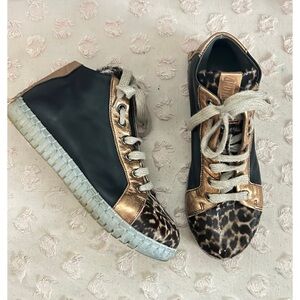 Andia Fora Italy Leopard Print Metallic High Top Sneakers Copper Tan Black 36